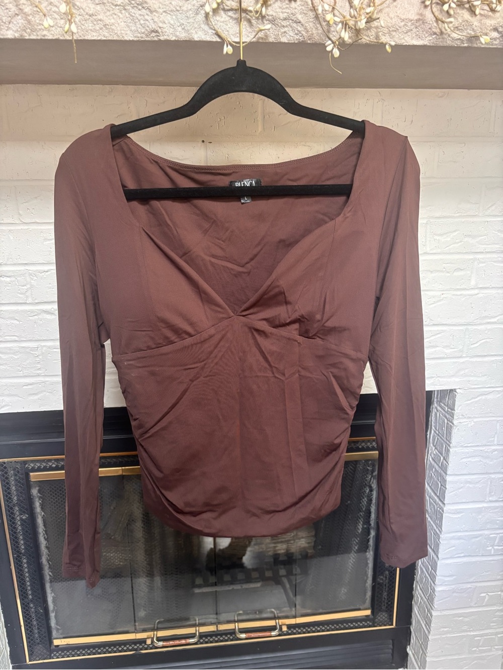 Ruched V-Neck Long Sleeve Crop Top in Chocolate Brown